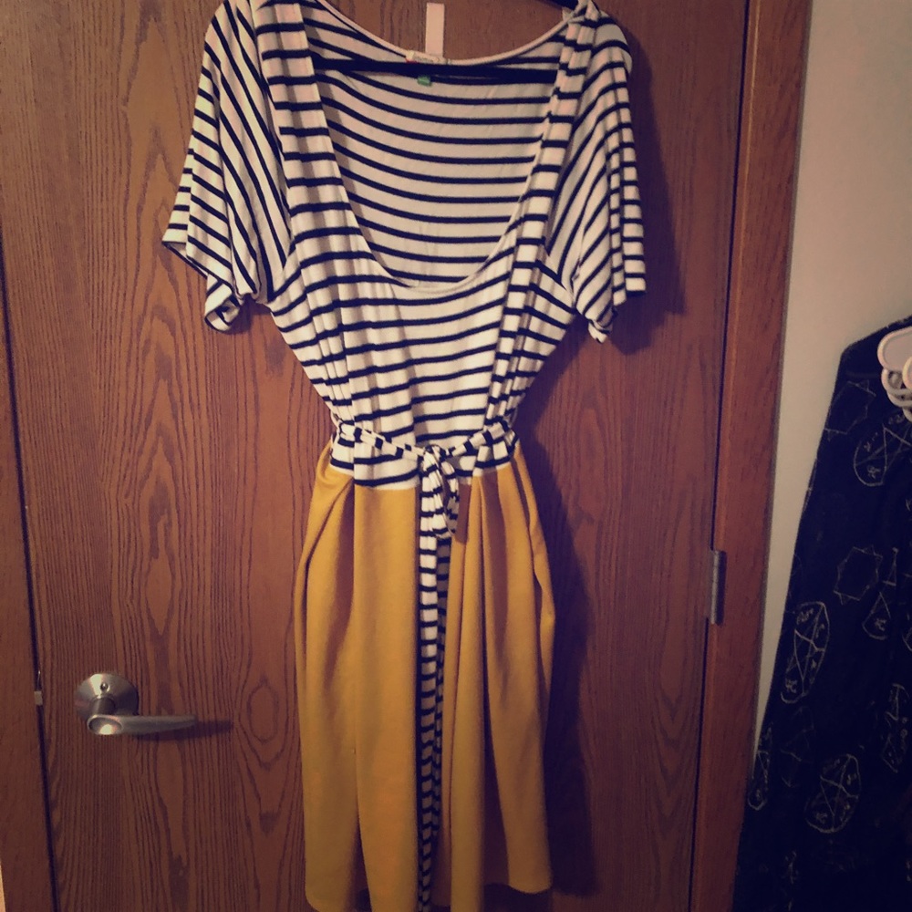 Mixed Media Striped Mustard Dress